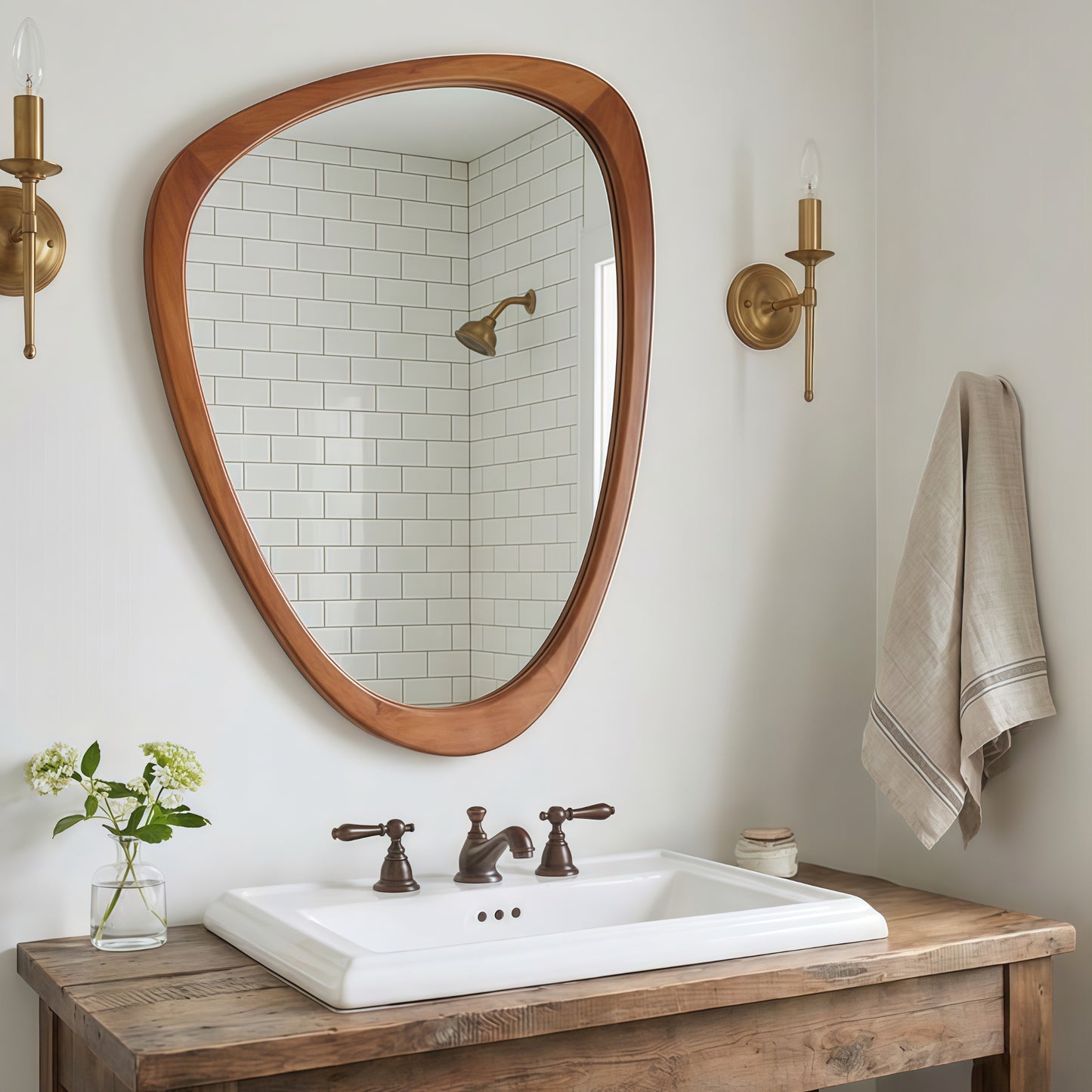 VanityFus 30-in W 20-in H Irregular Yellowish-Brown Framed Beveled Bathroom Vanity Mirror Wall Mirror