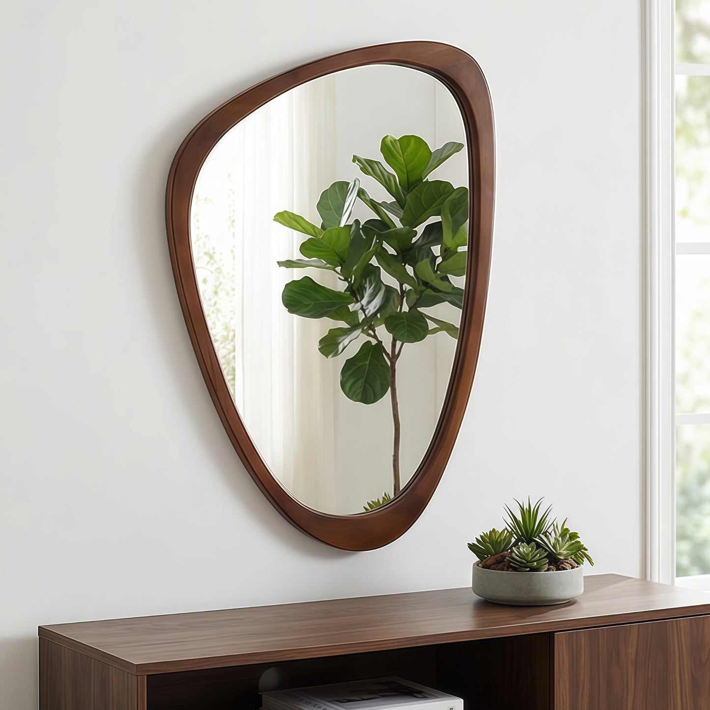 VanityFus 30-in W 20-in H Irregular Dark Walnut Framed Beveled Bathroom Vanity Mirror Wall Mirror