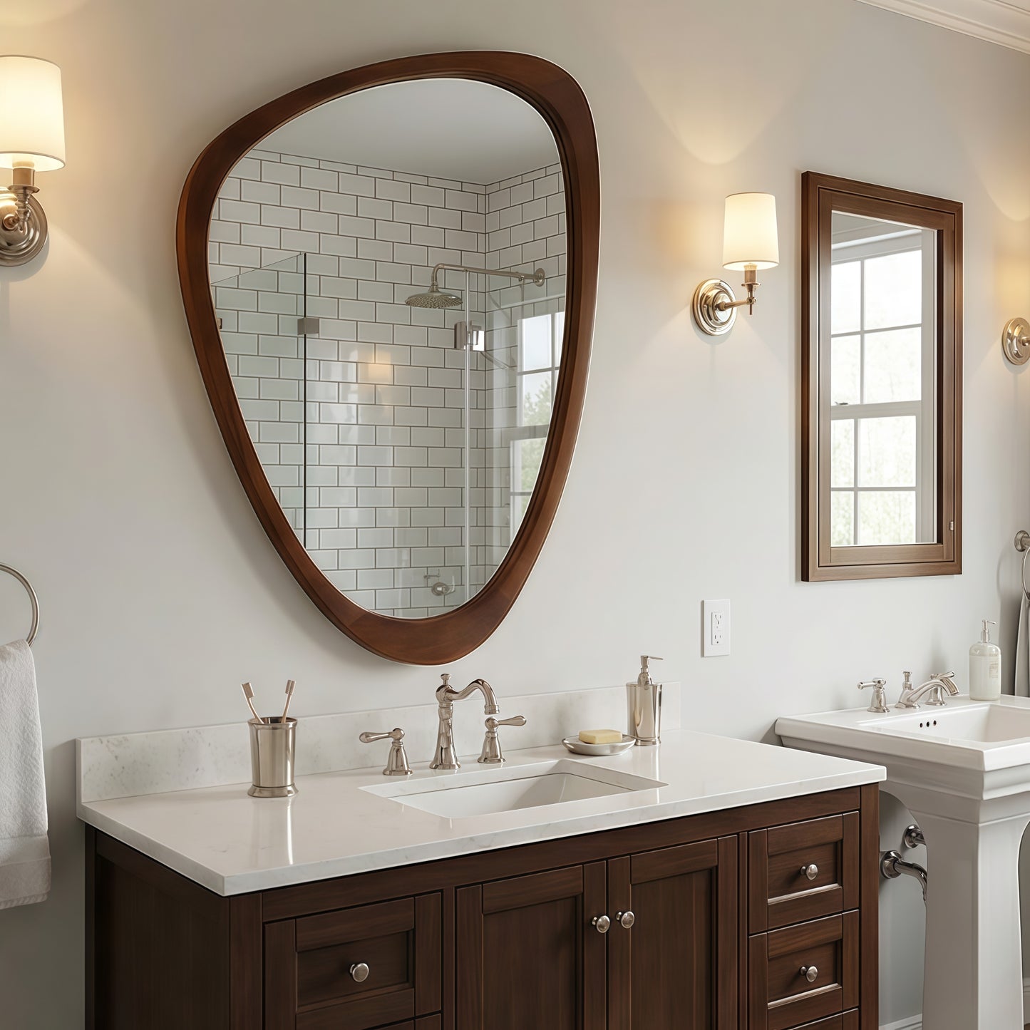 VanityFus 30-in W 20-in H Irregular Dark Walnut Framed Beveled Bathroom Vanity Mirror Wall Mirror