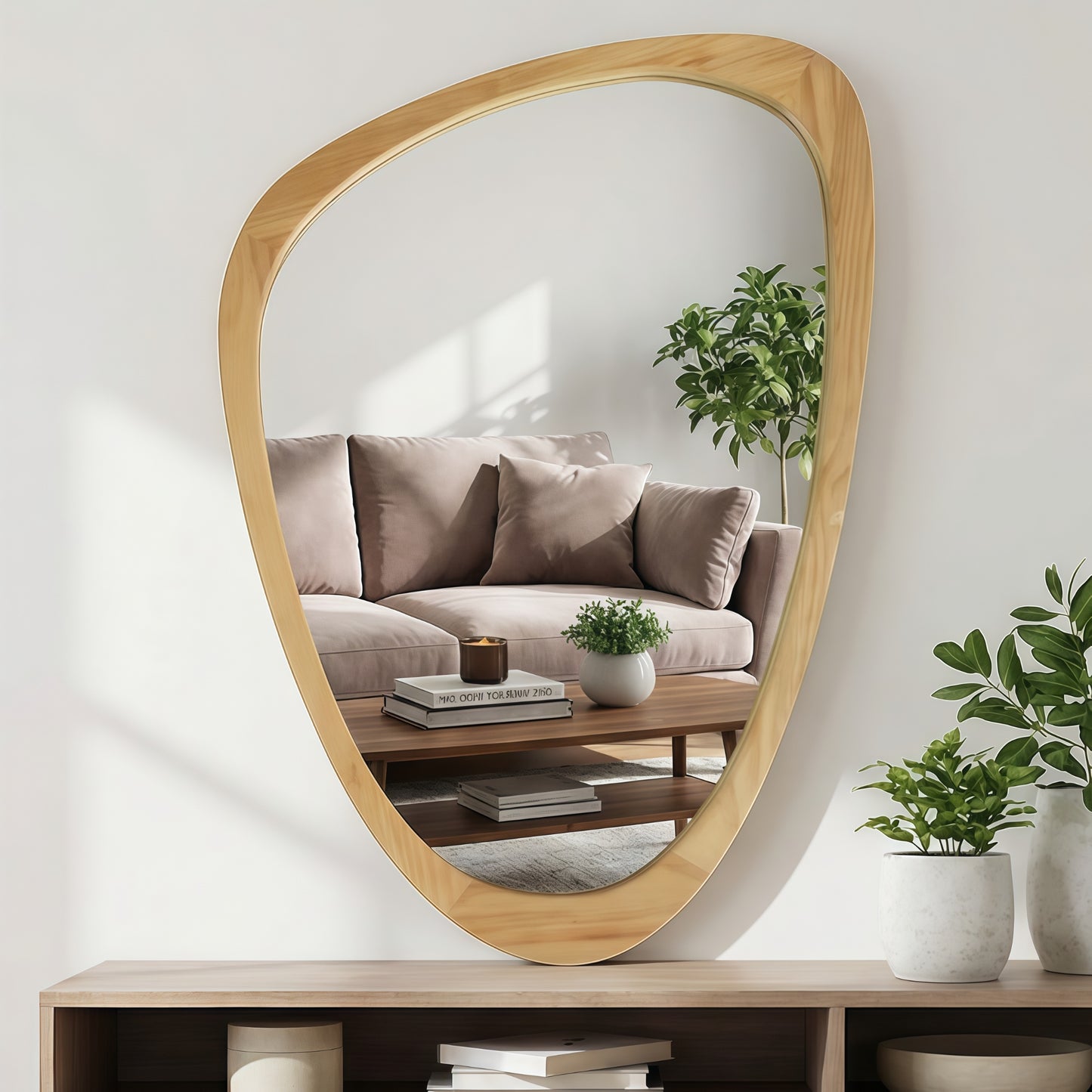VanityFus 36-in W 24-in H Irregular Oak Framed Beveled Bathroom Vanity Mirror Wall Mirror