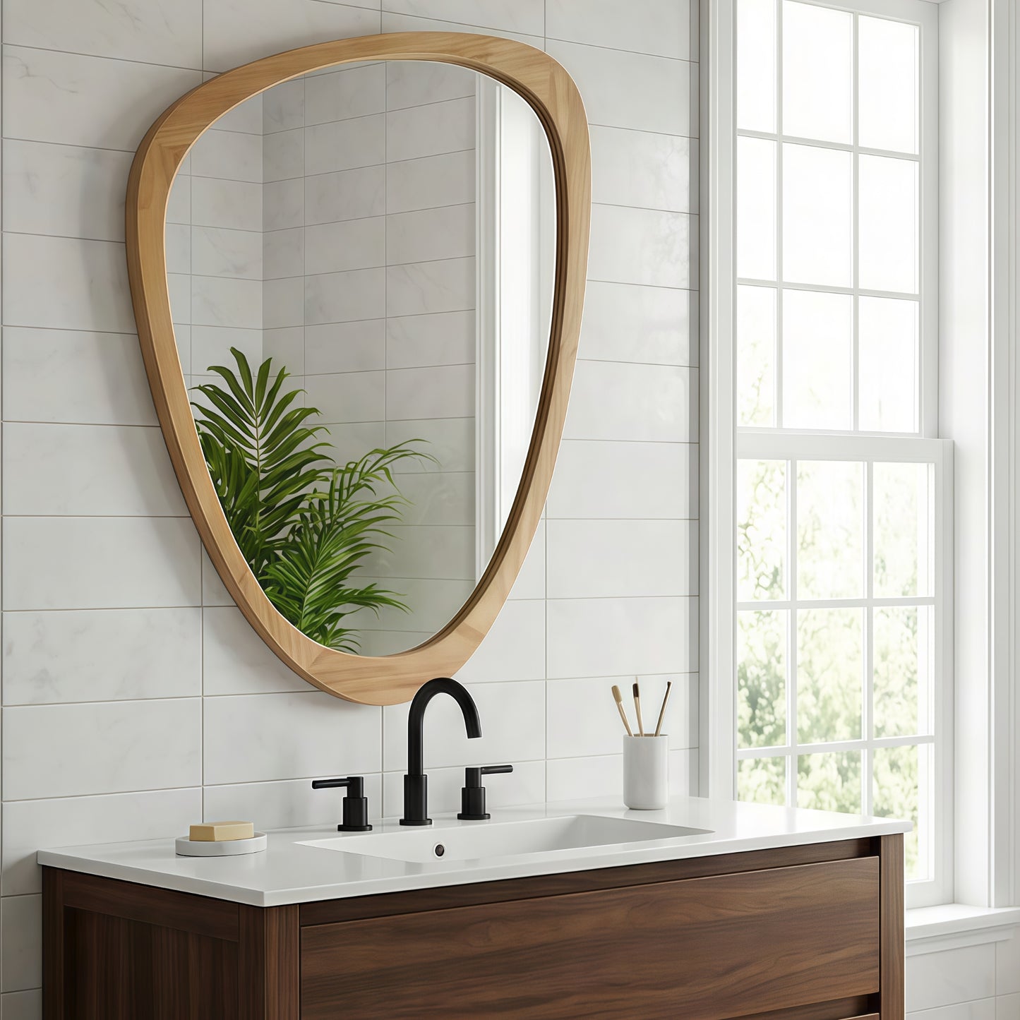 VanityFus 36-in W 24-in H Irregular Oak Framed Beveled Bathroom Vanity Mirror Wall Mirror