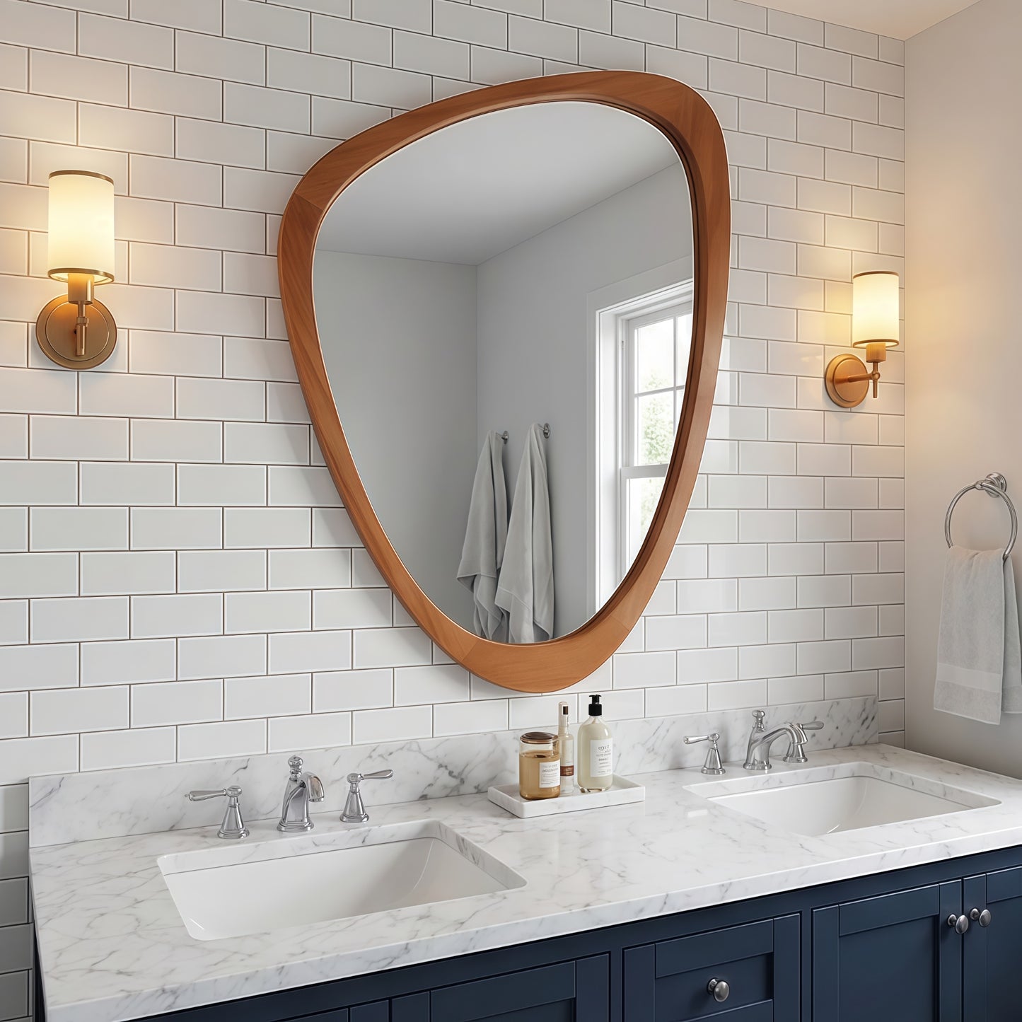 VanityFus 36-in W 24-in H Irregular Yellowish-Brown Framed Beveled Bathroom Vanity Mirror Wall Mirror