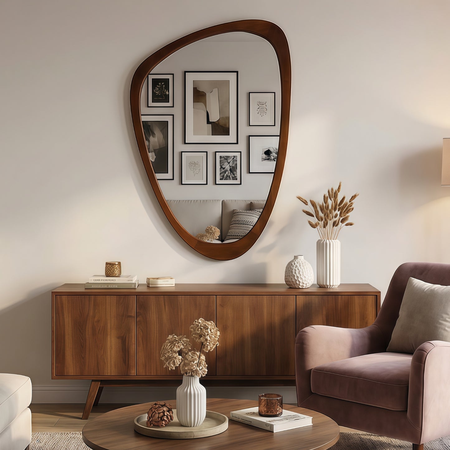 VanityFus 36-in W 24-in H Irregular Dark Walnut Framed Beveled Bathroom Vanity Mirror Wall Mirror