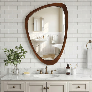 VanityFus 36-in W 24-in H Irregular Dark Walnut Framed Beveled Bathroom Vanity Mirror Wall Mirror