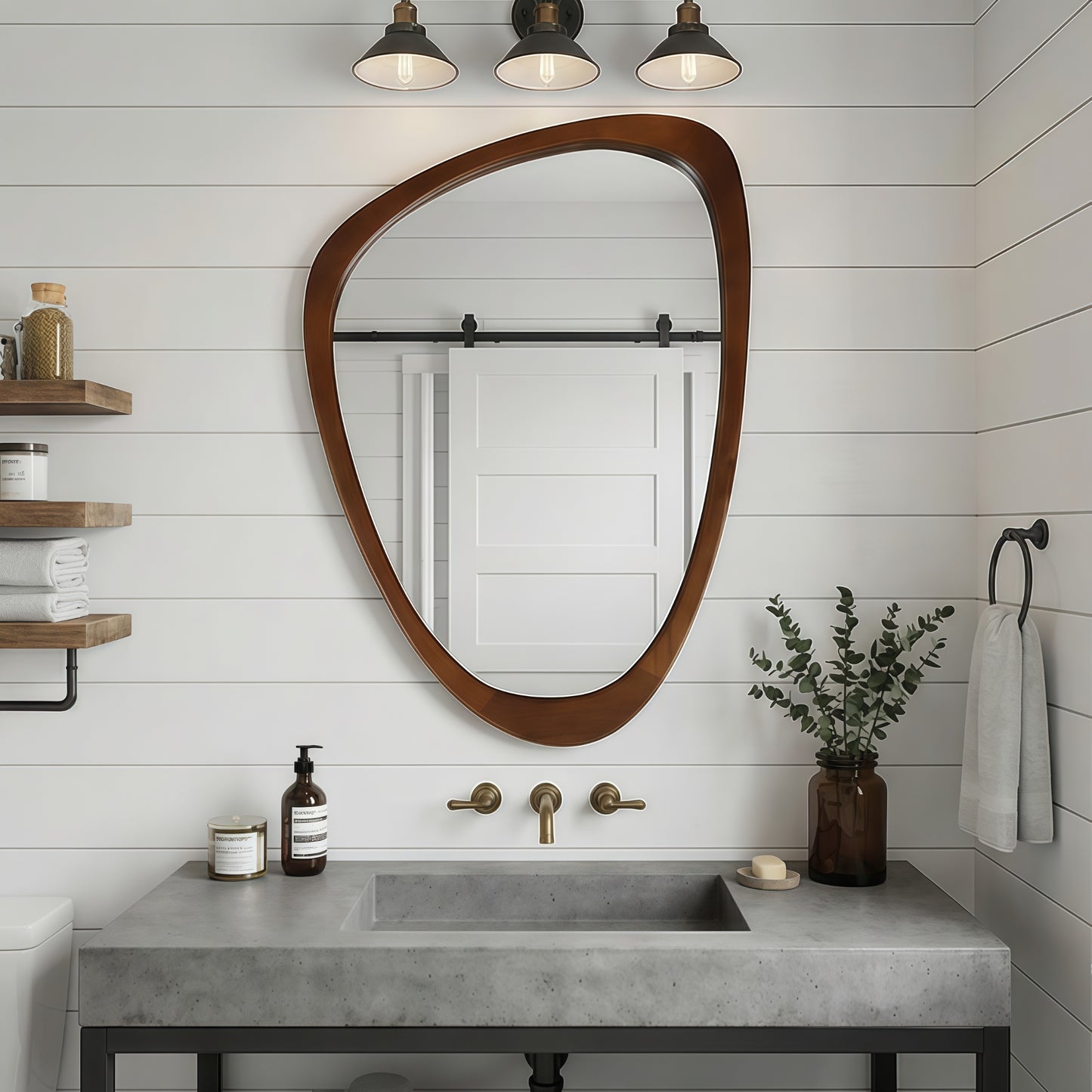 VanityFus 36-in W 24-in H Irregular Dark Walnut Framed Beveled Bathroom Vanity Mirror Wall Mirror