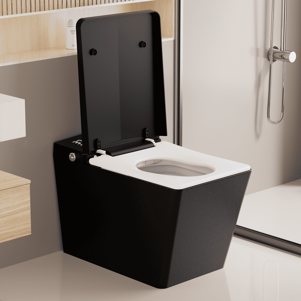 Square Smart Toilet with Built-in Tank for Modern Bathroom, Remote Control, Tankless Bidet Toilet with Foot Touching Lid Opening, Auto Flush, Heated Seat, LED Digital Display, User Memory, White/Black