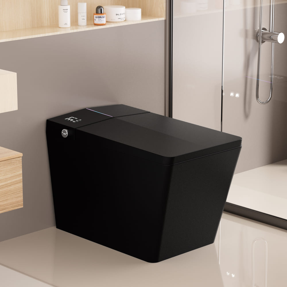Square Smart Toilet with Built-in Tank for Modern Bathroom, Remote Control, Tankless Bidet Toilet with Foot Touching Lid Opening, Auto Flush, Heated Seat, LED Digital Display, User Memory, White/Black