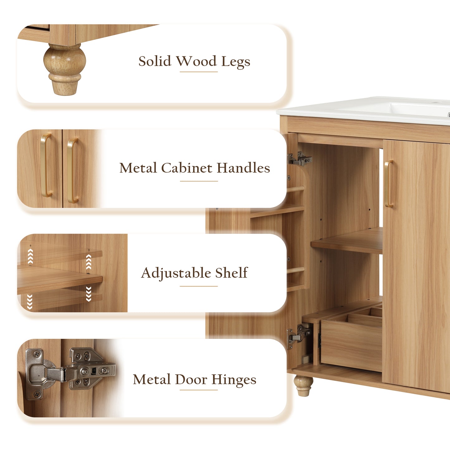 VanityFus 28.6-in Wood Bathroom Vanity Single Sink Combo with Ceramic Top Undermount 2 doors 1 drawer Adjustable Shelves