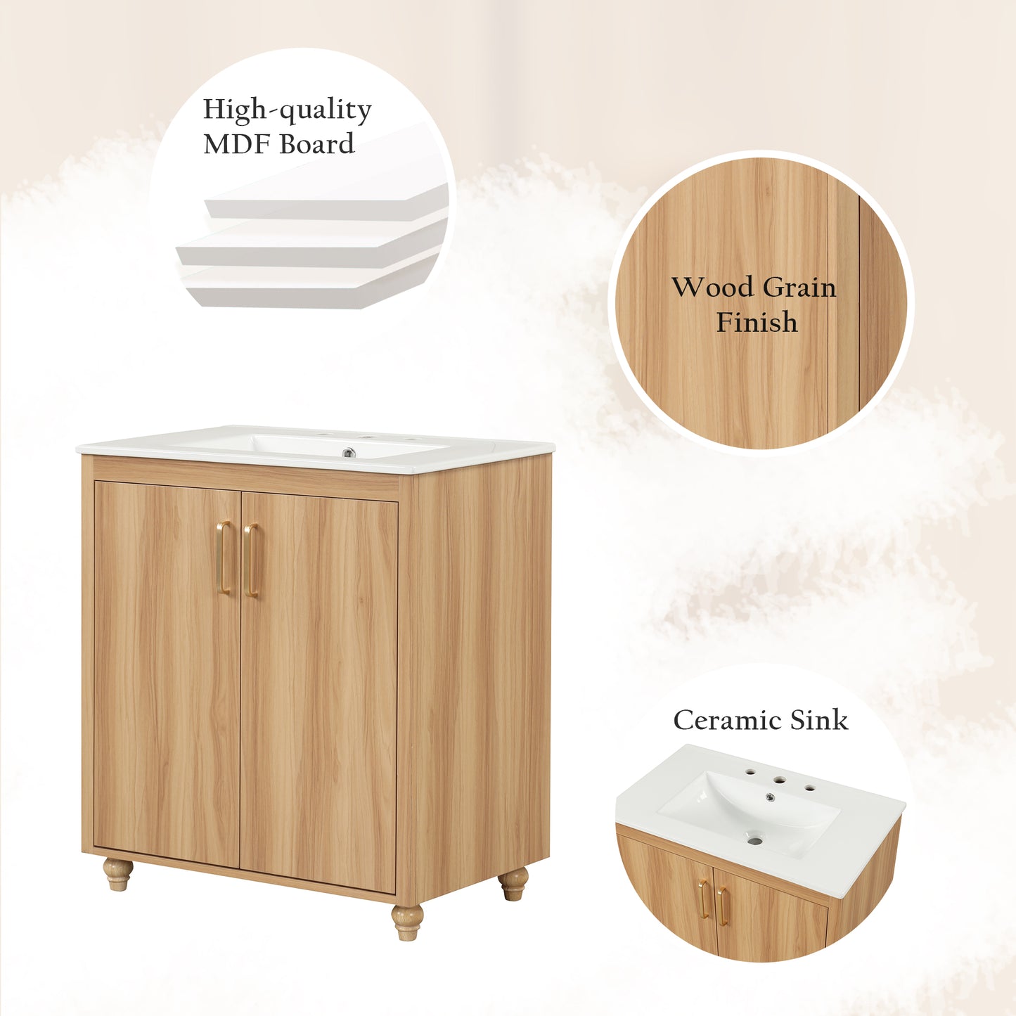 VanityFus 28.6-in Wood Bathroom Vanity Single Sink Combo with Ceramic Top Undermount 2 doors 1 drawer Adjustable Shelves
