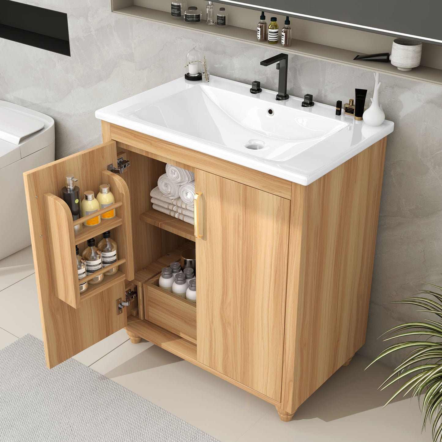 VanityFus 28.6-in Wood Bathroom Vanity Single Sink Combo with Ceramic Top Undermount 2 doors 1 drawer Adjustable Shelves