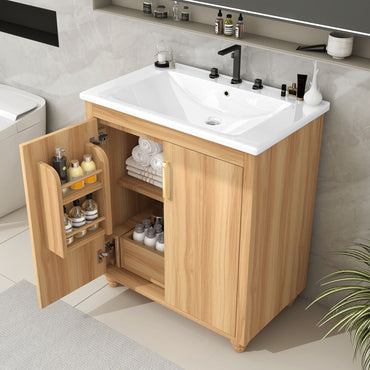 VanityFus 28.6-in Wood Bathroom Vanity Single Sink Combo with Ceramic Top Undermount 2 doors 1 drawer Adjustable Shelves