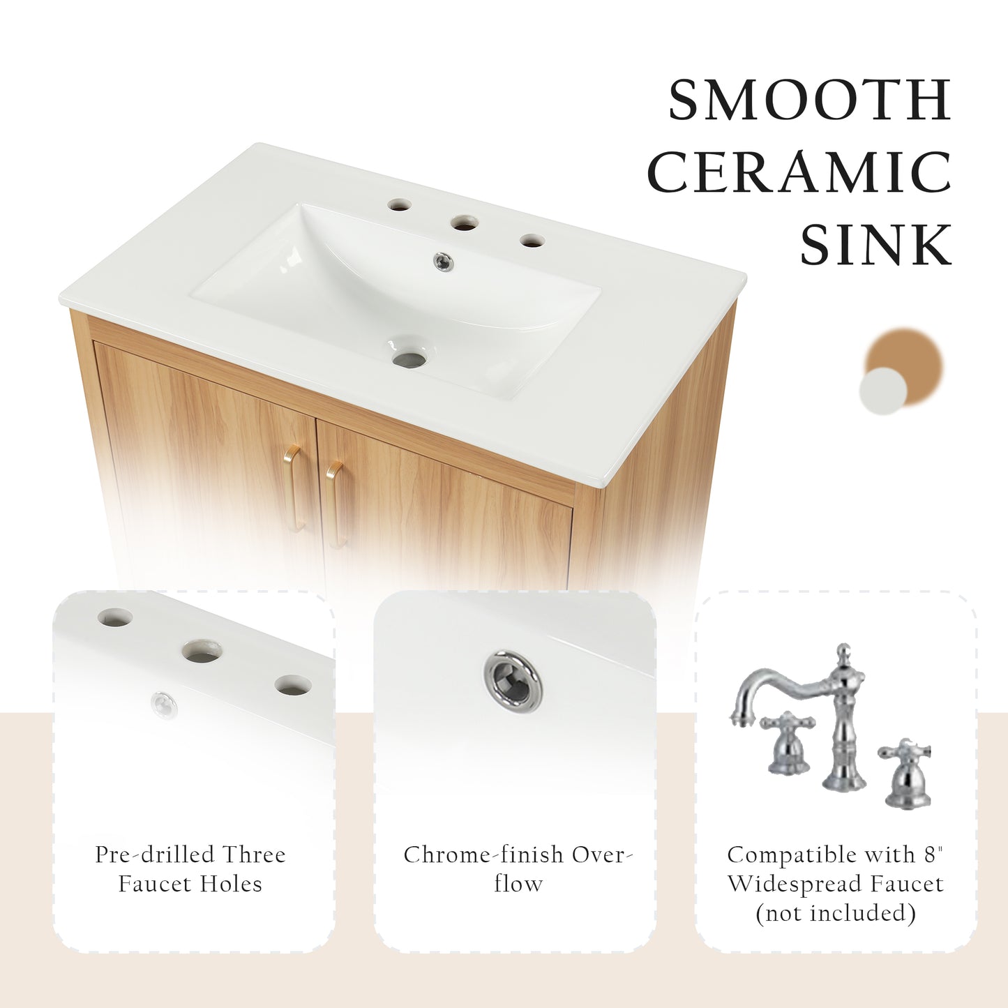 VanityFus 28.6-in Wood Bathroom Vanity Single Sink Combo with Ceramic Top Undermount 2 doors 1 drawer Adjustable Shelves