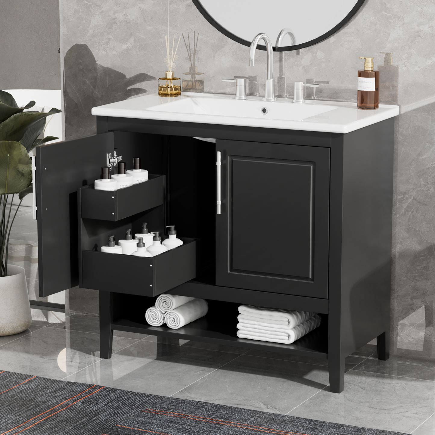 VanityFus 28.6-in Black Bathroom Vanity Single Sink Combo Undermount with Ceramic Top 2 doors 2 drawers