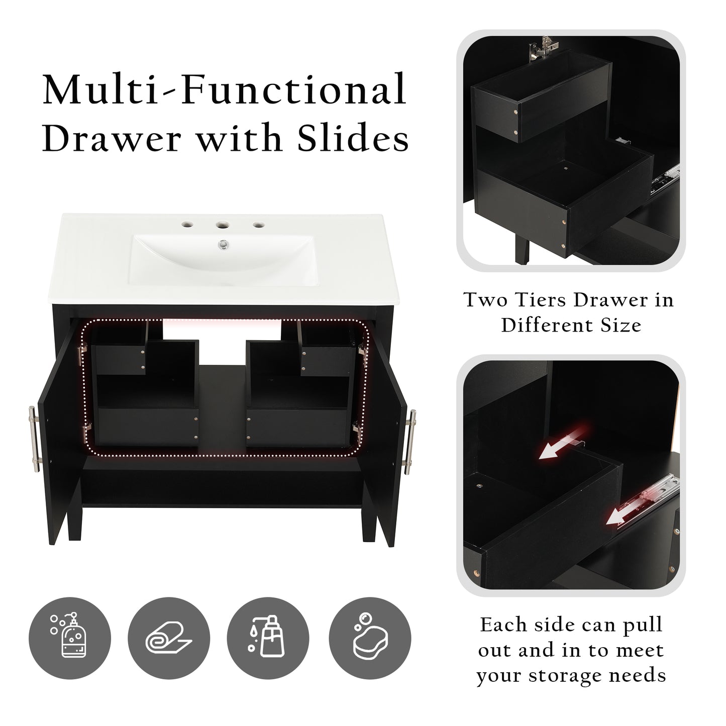 VanityFus 28.6-in Black Bathroom Vanity Single Sink Combo Undermount with Ceramic Top 2 doors 2 drawers