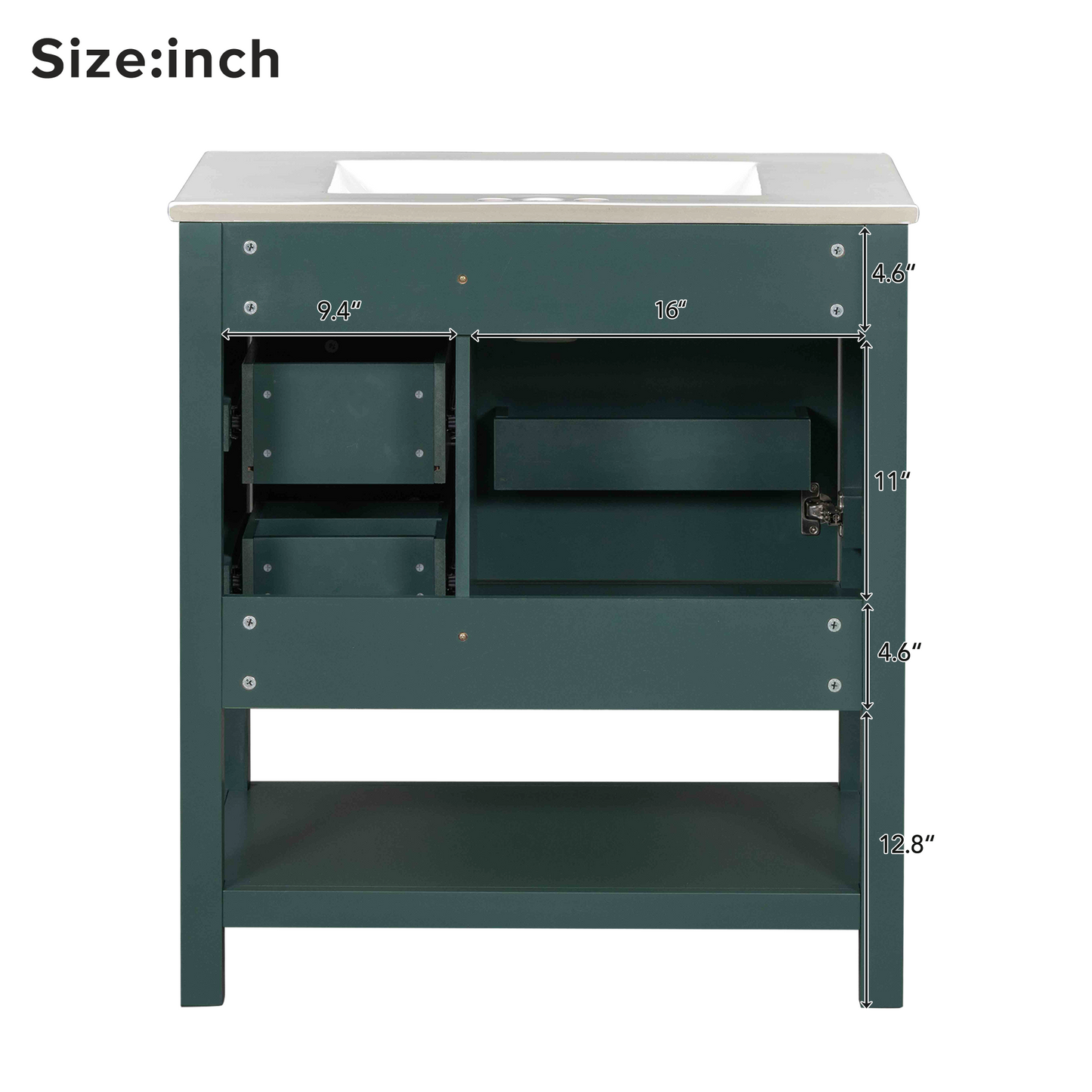 VanityFus 30-in Bathroom Green Vanity Single Sink Combo with Ceramic White Top 1 Soft-Close Doors 3 drawer