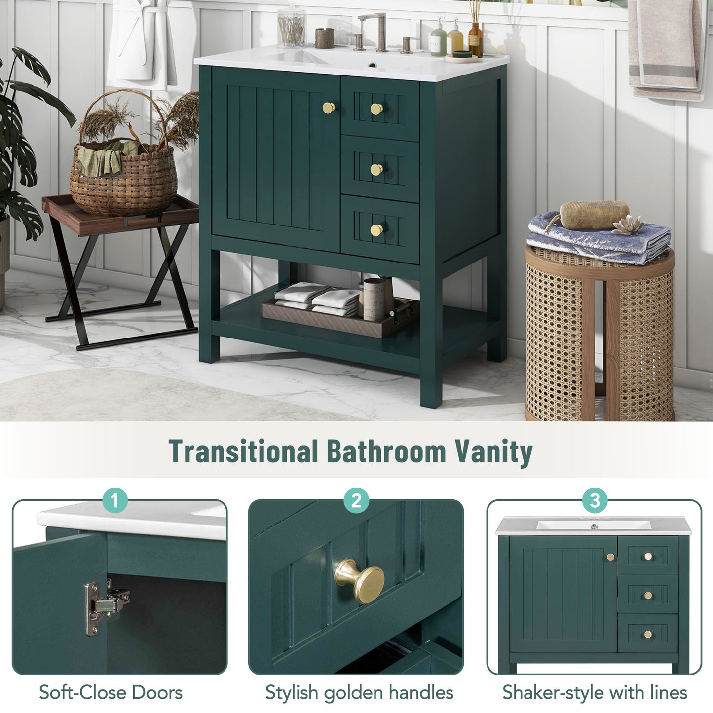 VanityFus 30-in Bathroom Green Vanity Single Sink Combo with Ceramic White Top 1 Soft-Close Doors 3 drawer