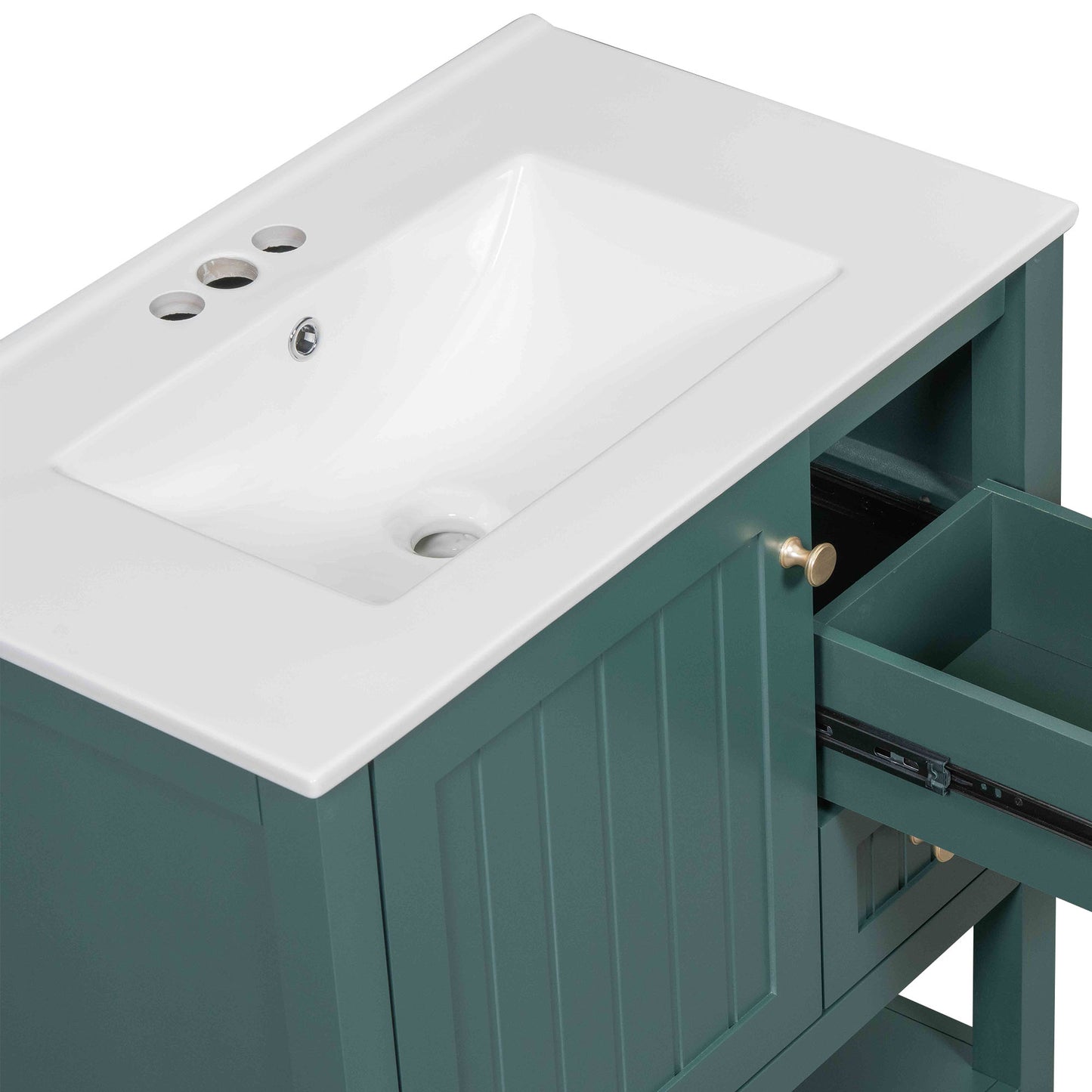 VanityFus 30-in Bathroom Green Vanity Single Sink Combo with Ceramic White Top 1 Soft-Close Doors 3 drawer