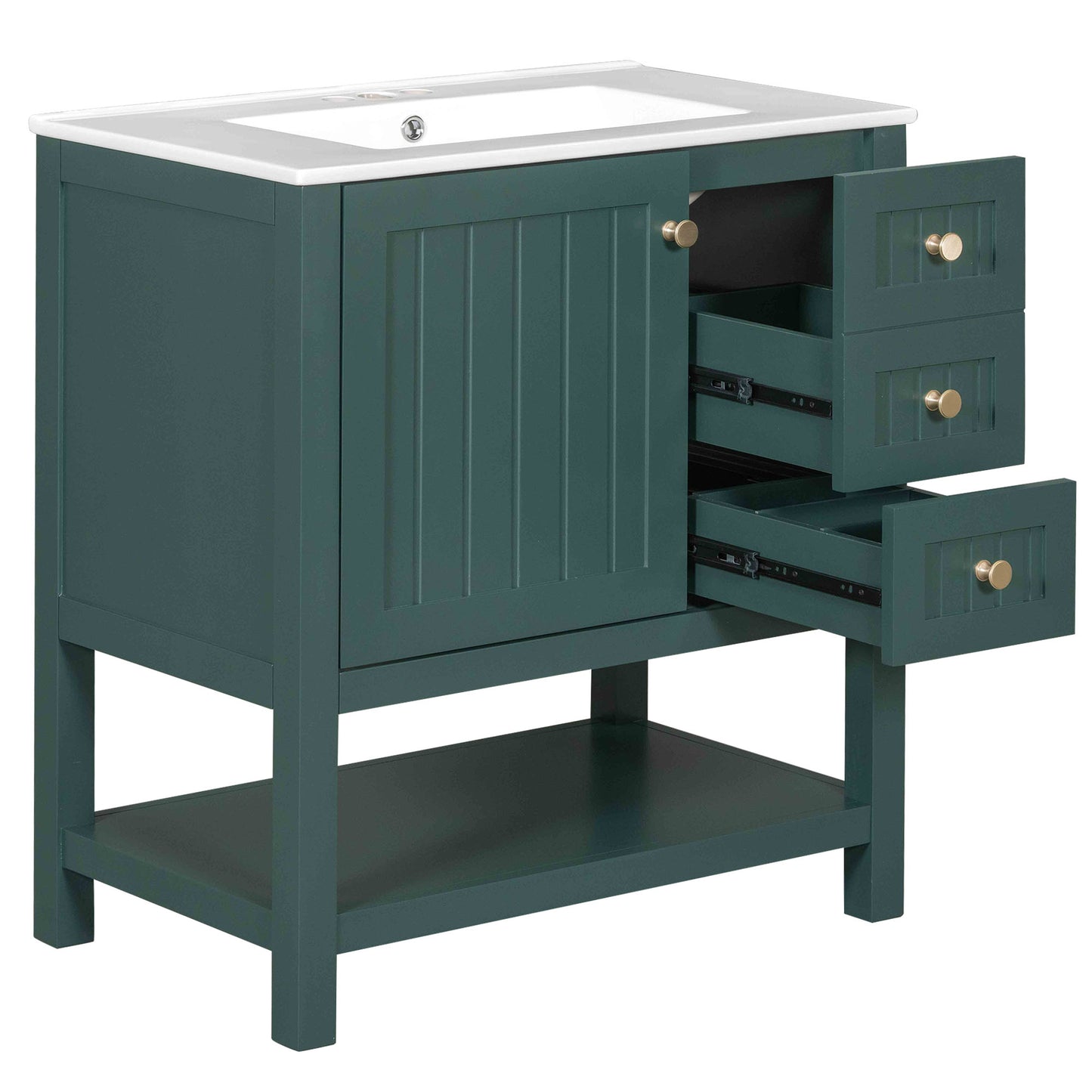 VanityFus 30-in Bathroom Green Vanity Single Sink Combo with Ceramic White Top 1 Soft-Close Doors 3 drawer