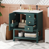VanityFus 30-in Bathroom Green Vanity Single Sink Combo with Ceramic White Top 1 Soft-Close Doors 3 drawer