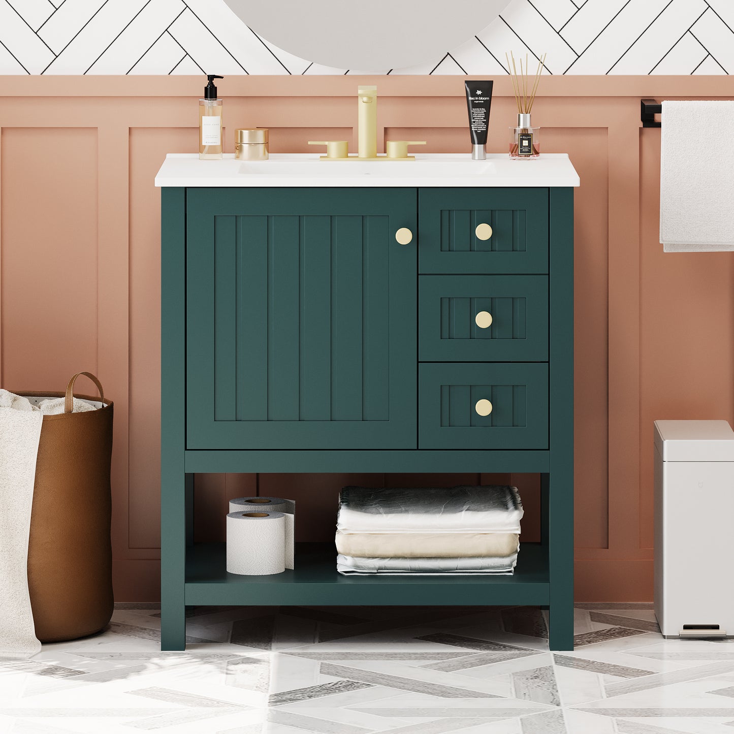 VanityFus 30-in Bathroom Green Vanity Single Sink Combo with Ceramic White Top 1 Soft-Close Doors 3 drawer