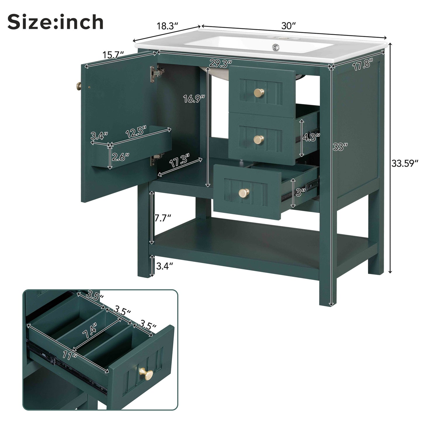 VanityFus 30-in Bathroom Green Vanity Single Sink Combo with Ceramic White Top 1 Soft-Close Doors 3 drawer