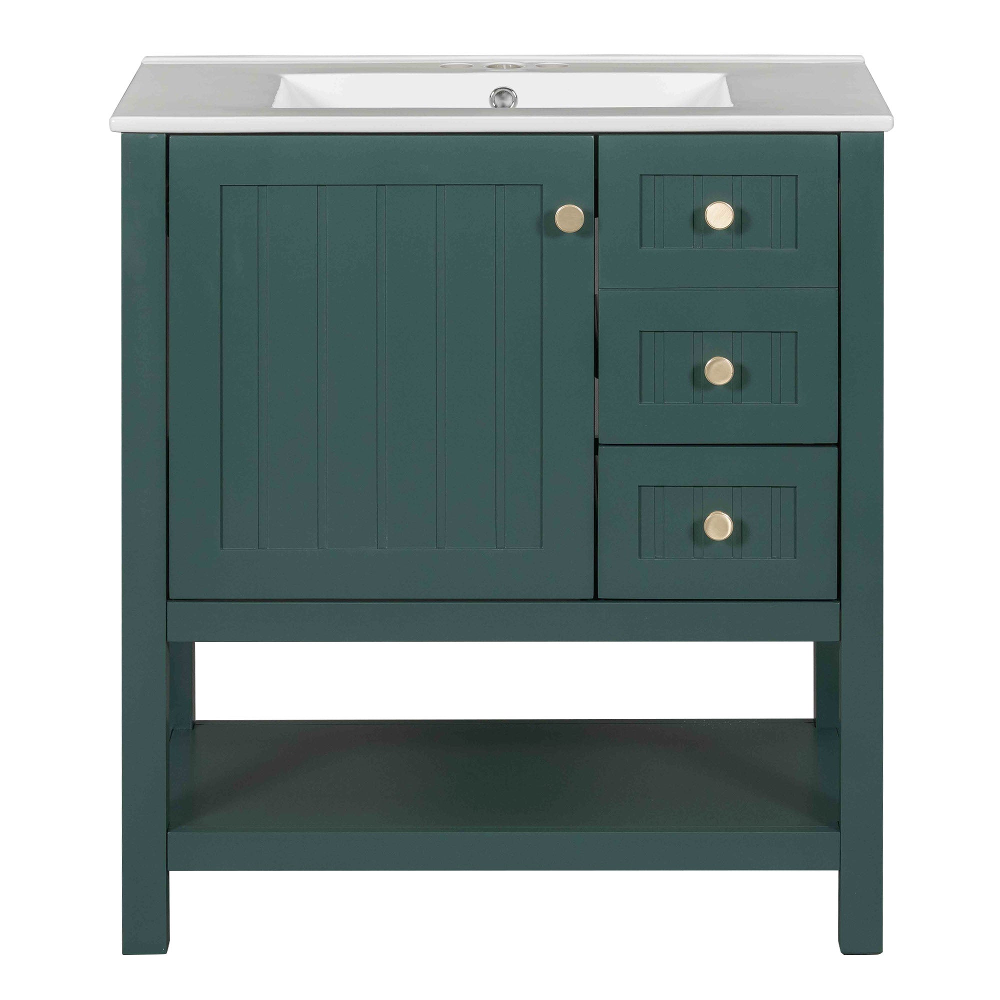 VanityFus 30-in Bathroom Green Vanity Single Sink Combo with Ceramic White Top 1 Soft-Close Doors 3 drawer
