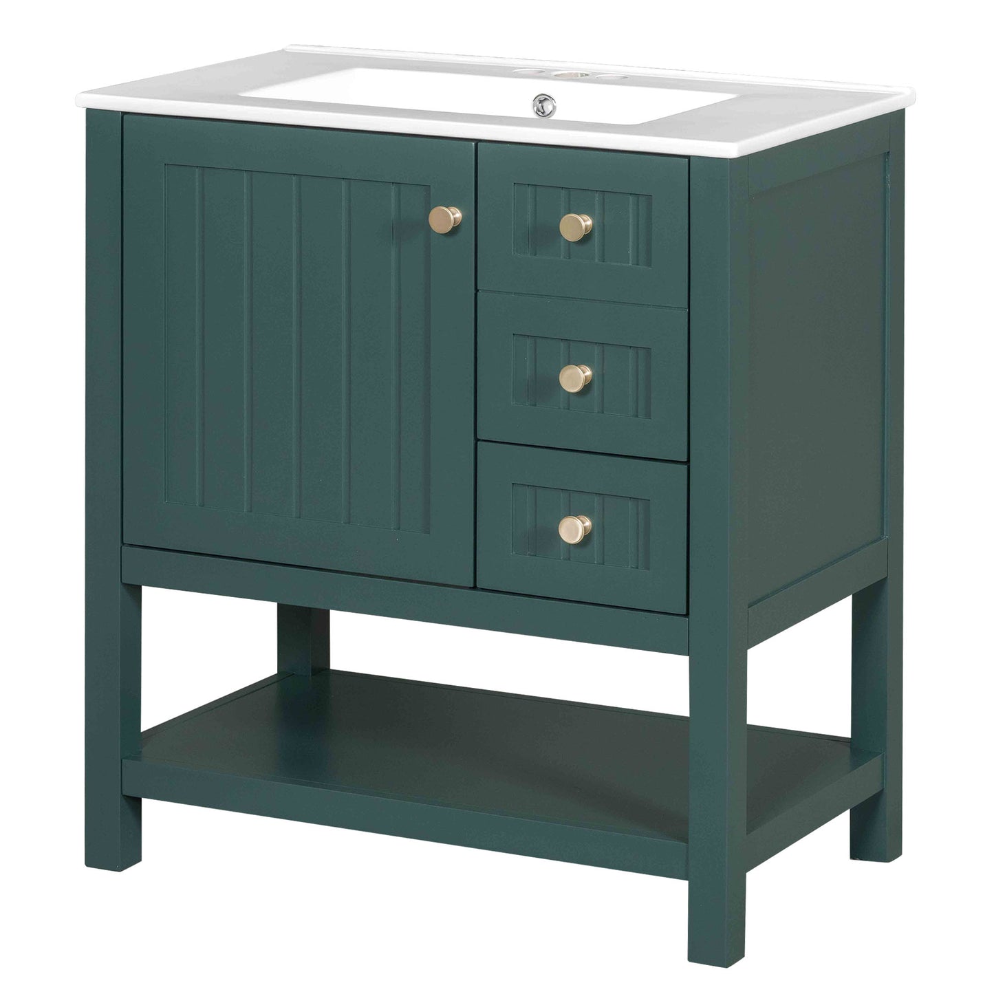 VanityFus 30-in Bathroom Green Vanity Single Sink Combo with Ceramic White Top 1 Soft-Close Doors 3 drawer