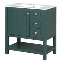 VanityFus 30-in Bathroom Green Vanity Single Sink Combo with Ceramic White Top 1 Soft-Close Doors 3 drawer