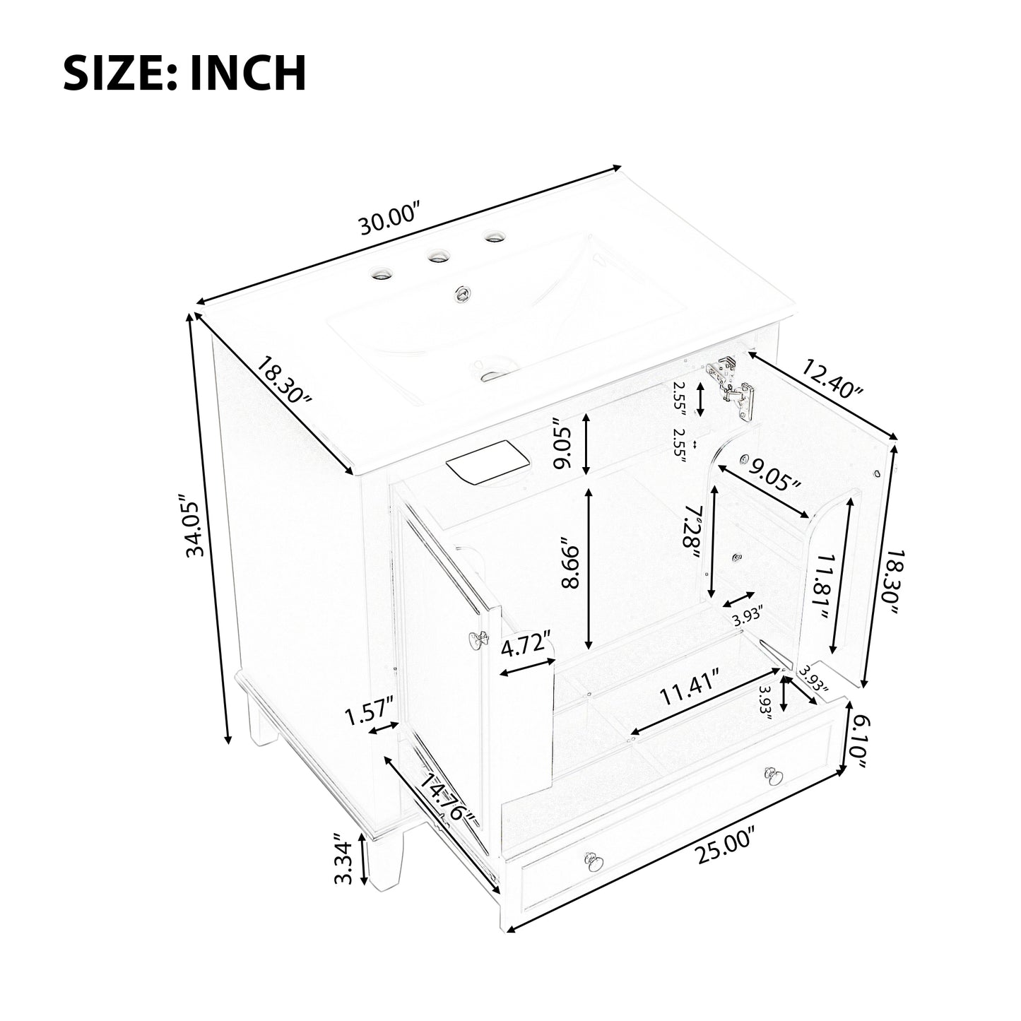 VanityFus 28.6-in Black Bathroom Vanity Single Sink Combo with Ceramic Top Undermount 2 doors 1 drawer Adjustable Shelves