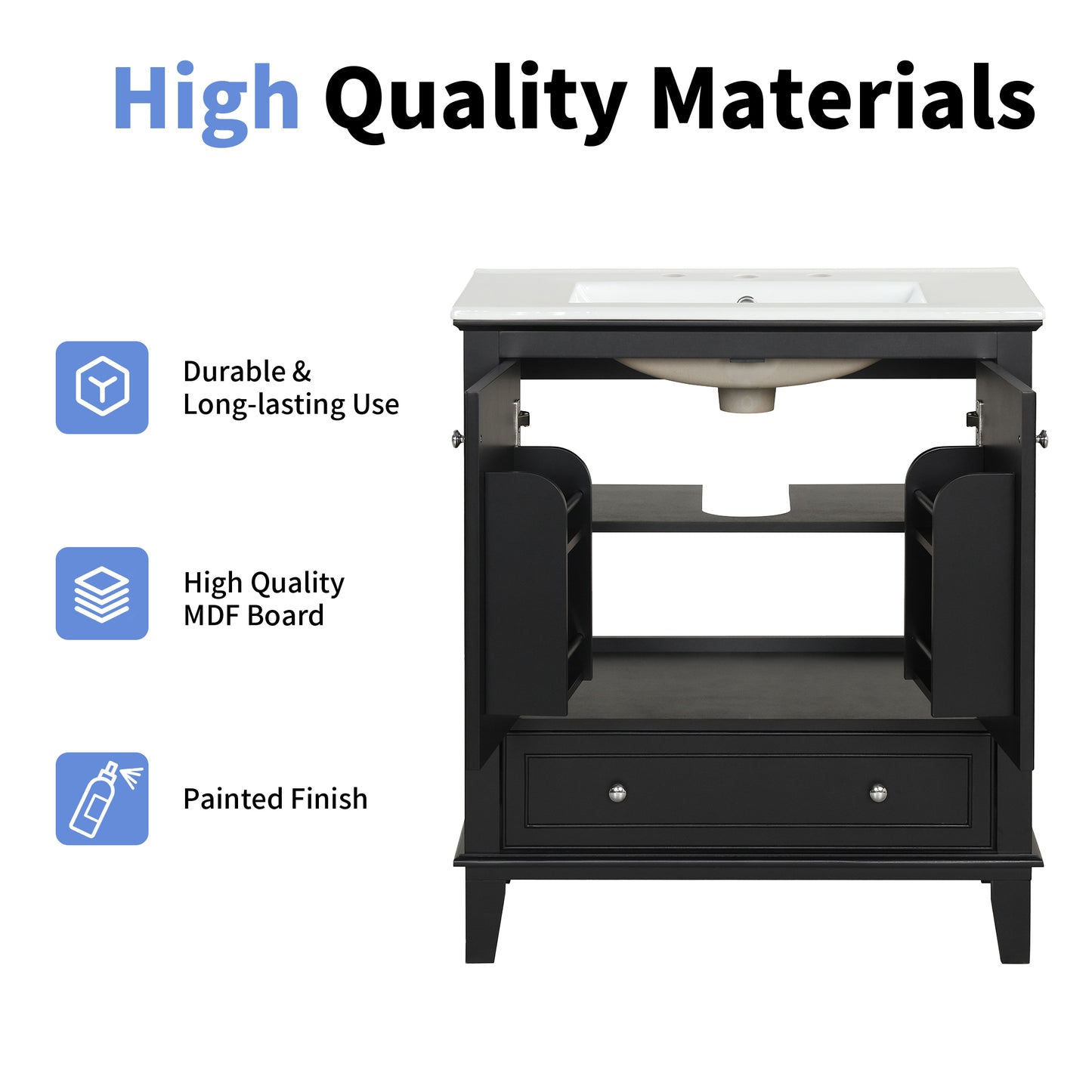 VanityFus 28.6-in Black Bathroom Vanity Single Sink Combo with Ceramic Top Undermount 2 doors 1 drawer Adjustable Shelves