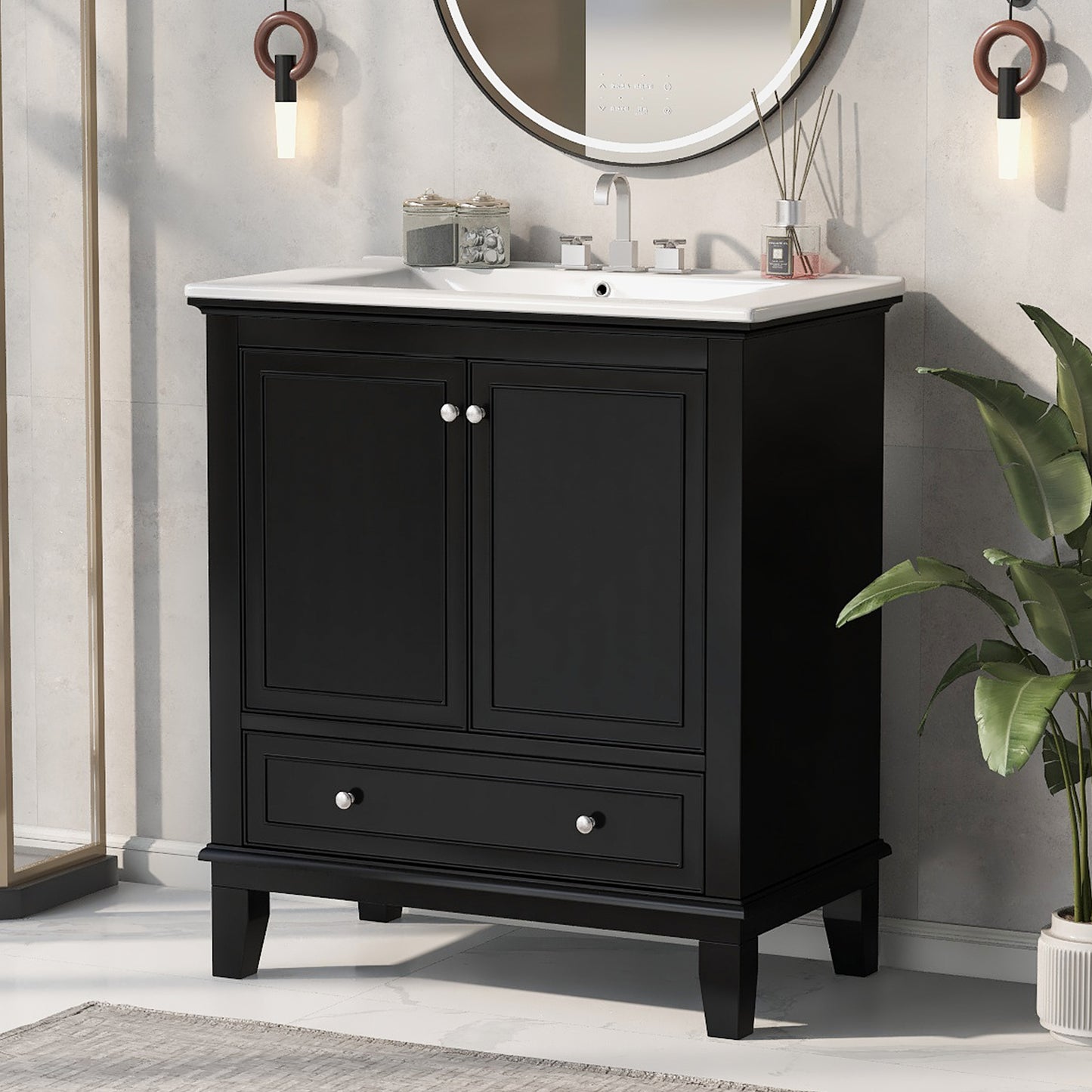 VanityFus 28.6-in Black Bathroom Vanity Single Sink Combo with Ceramic Top Undermount 2 doors 1 drawer Adjustable Shelves