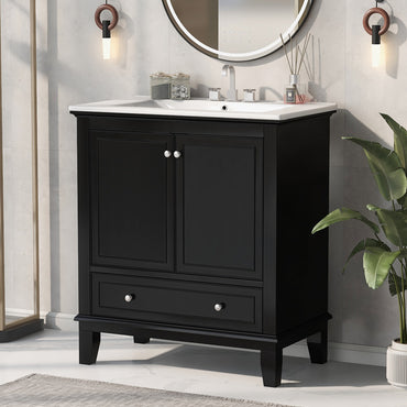 VanityFus 28.6-in Black Bathroom Vanity Single Sink Combo with Ceramic Top Undermount 2 doors 1 drawer Adjustable Shelves