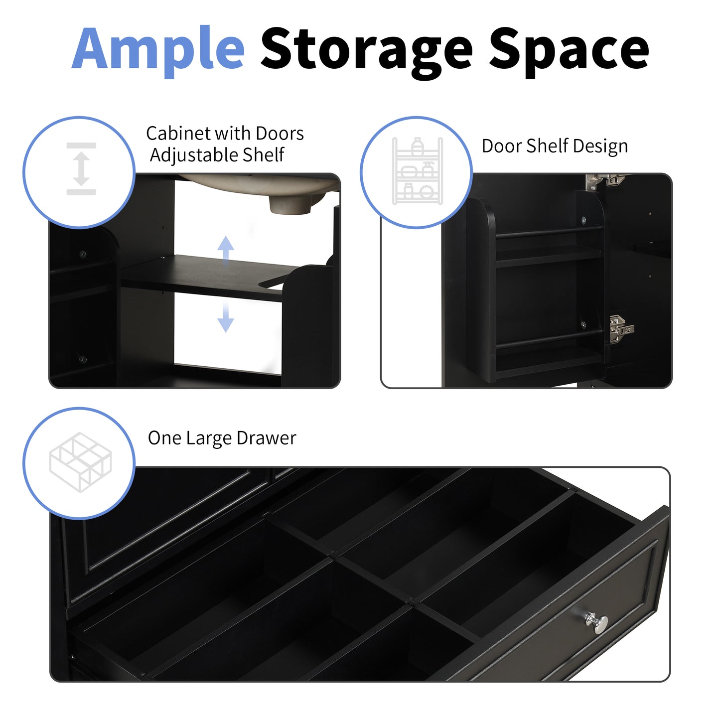 VanityFus 28.6-in Black Bathroom Vanity Single Sink Combo with Ceramic Top Undermount 2 doors 1 drawer Adjustable Shelves