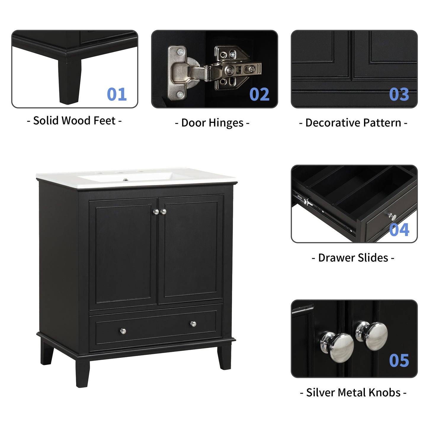 VanityFus 28.6-in Black Bathroom Vanity Single Sink Combo with Ceramic Top Undermount 2 doors 1 drawer Adjustable Shelves