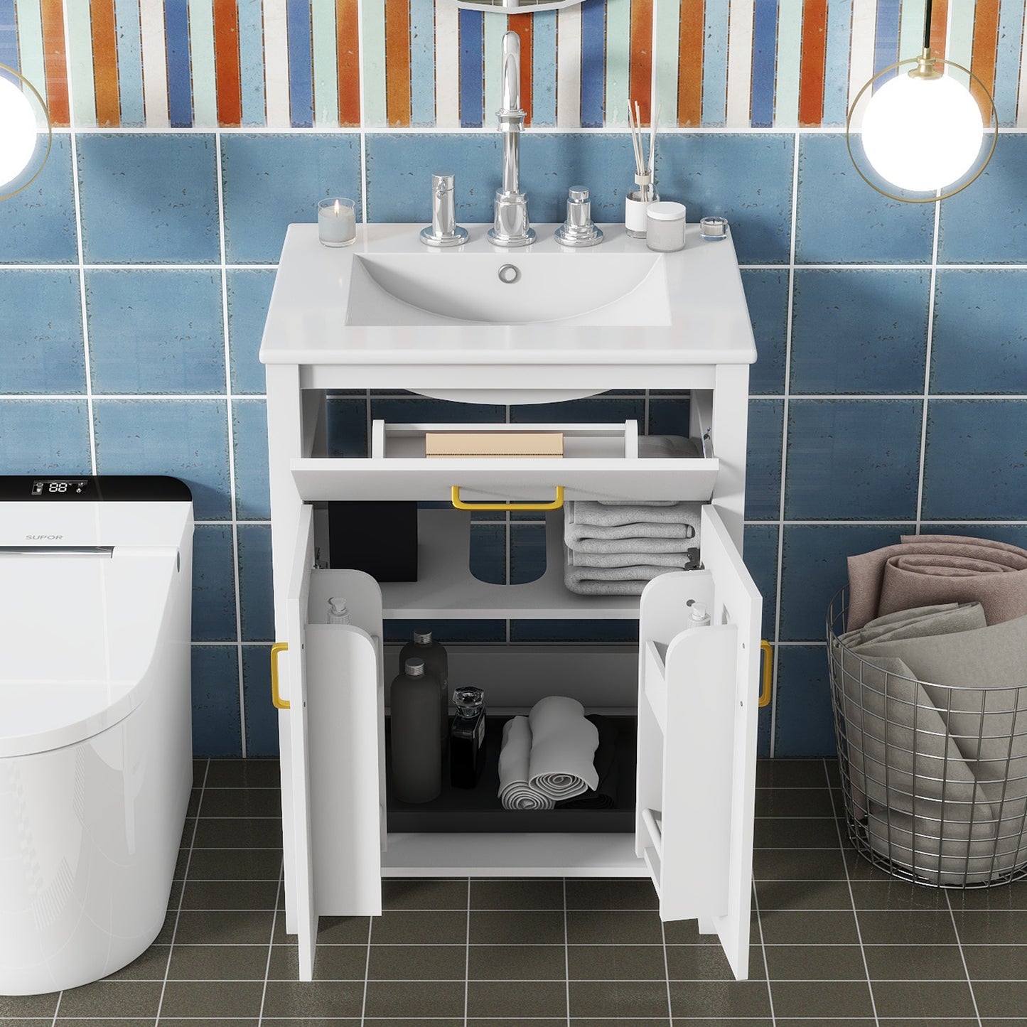 VanityFus 24.2-in Bathroom Vanity White Single Sink Combo with Ceramic Top 2 Soft-Close Doors 1 drawer