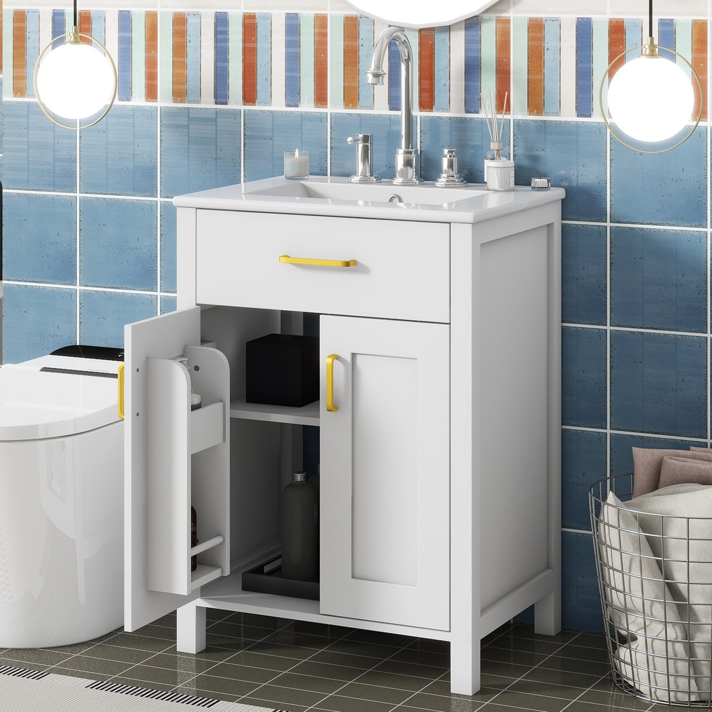 VanityFus 24.2-in Bathroom Vanity White Single Sink Combo with Ceramic Top 2 Soft-Close Doors 1 drawer