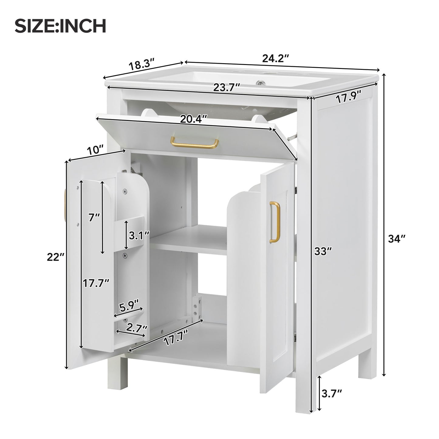 VanityFus 24.2-in Bathroom Vanity White Single Sink Combo with Ceramic Top 2 Soft-Close Doors 1 drawer