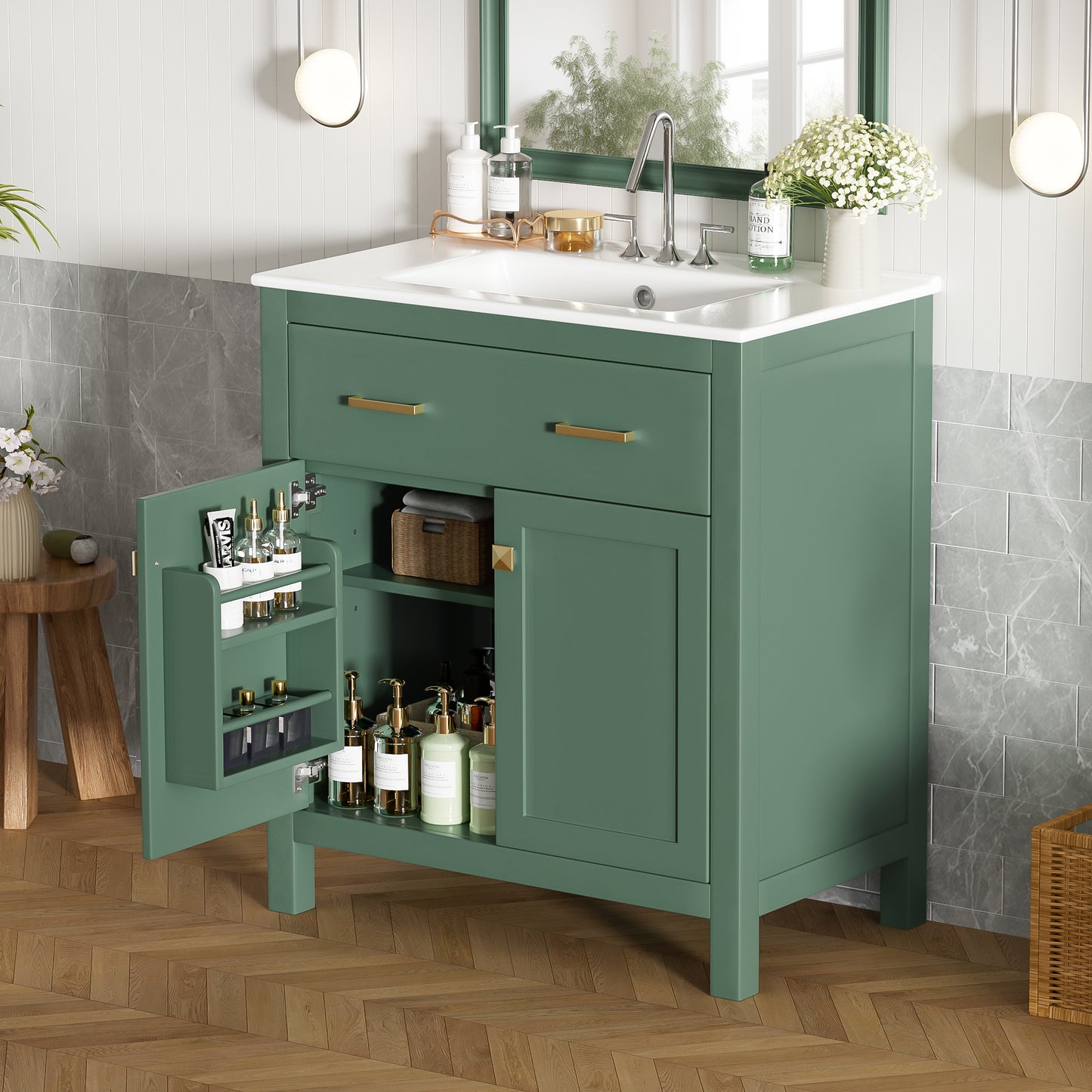 VanityFus 30-in Bathroom Green Vanity Single Sink Combo with Ceramic White Top 2 Soft-Close Doors 1 drawer