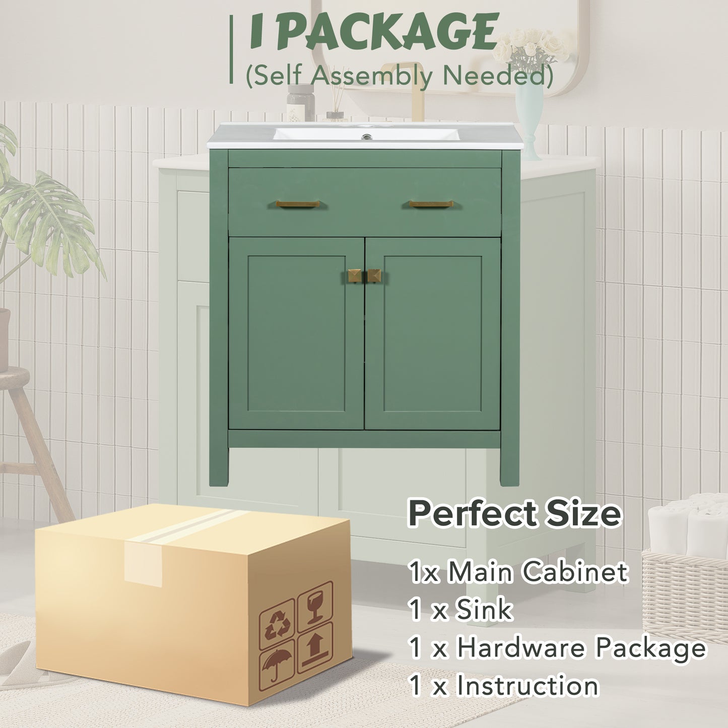VanityFus 30-in Bathroom Green Vanity Single Sink Combo with Ceramic White Top 2 Soft-Close Doors 1 drawer