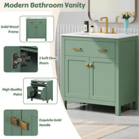 VanityFus 30-in Bathroom Green Vanity Single Sink Combo with Ceramic White Top 2 Soft-Close Doors 1 drawer