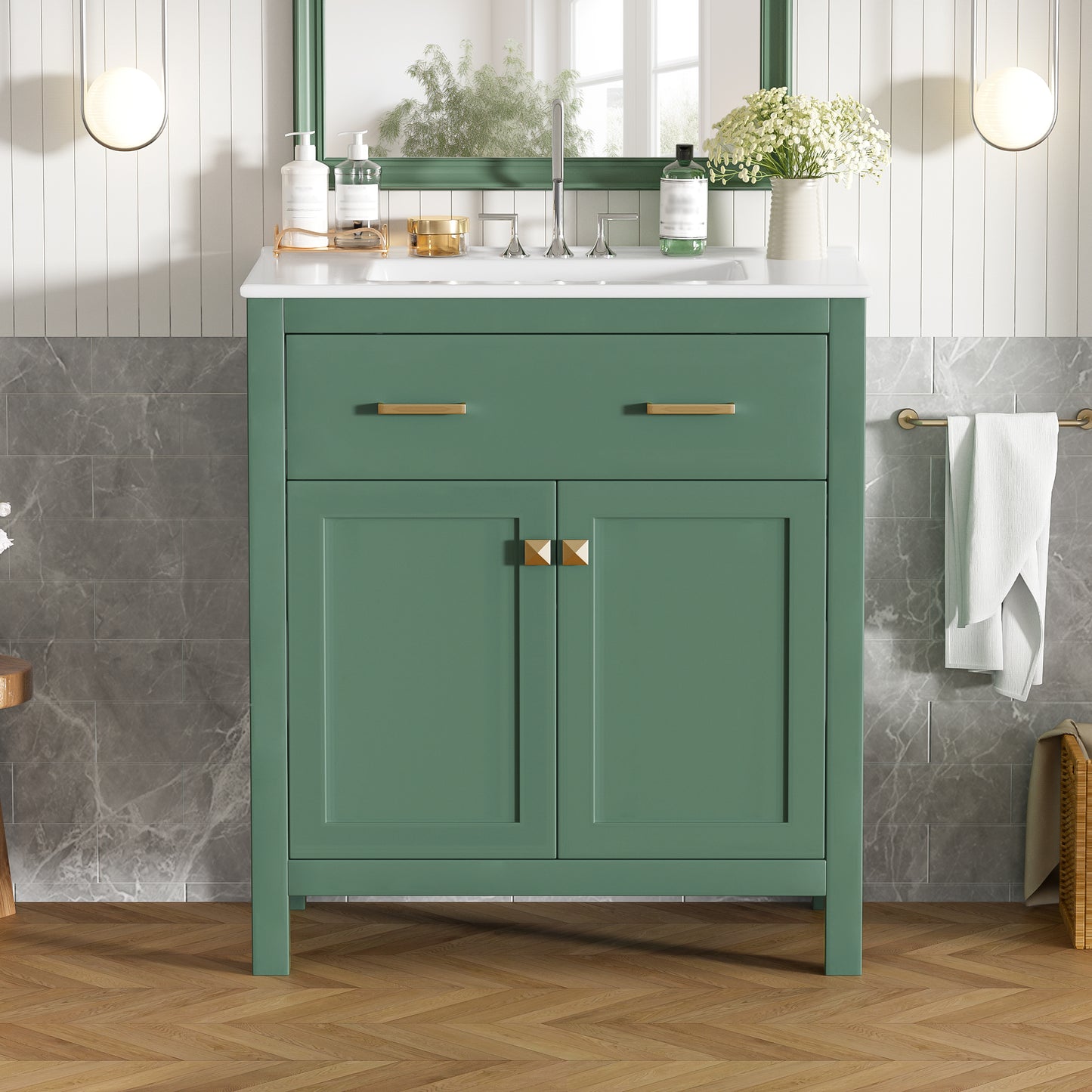 VanityFus 30-in Bathroom Green Vanity Single Sink Combo with Ceramic White Top 2 Soft-Close Doors 1 drawer