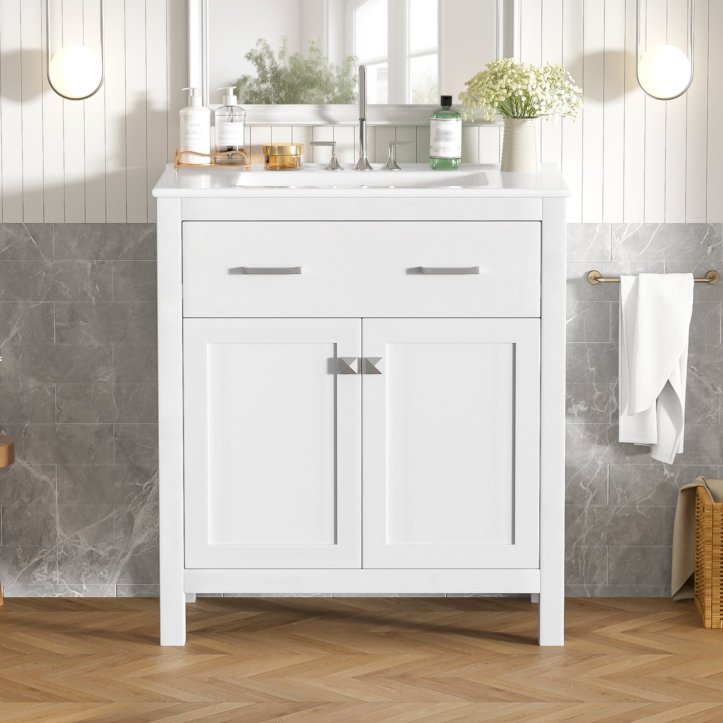VanityFus 30-in Bathroom Vanity Single Sink Combo with Ceramic White Top 2 Soft-Close Doors 1 drawer