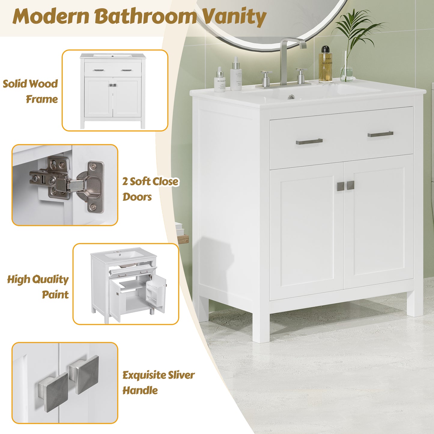 VanityFus 30-in Bathroom Vanity Single Sink Combo with Ceramic White Top 2 Soft-Close Doors 1 drawer