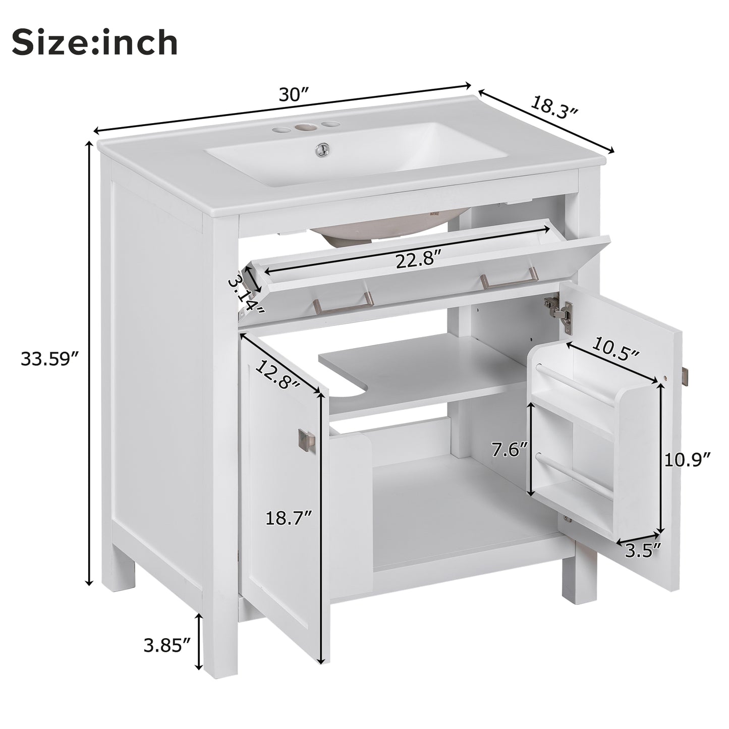 VanityFus 30-in Bathroom Vanity Single Sink Combo with Ceramic White Top 2 Soft-Close Doors 1 drawer