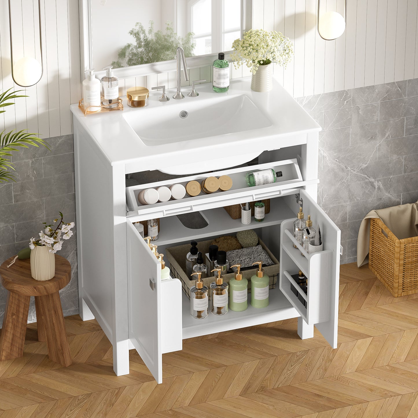 VanityFus 30-in Bathroom Vanity Single Sink Combo with Ceramic White Top 2 Soft-Close Doors 1 drawer