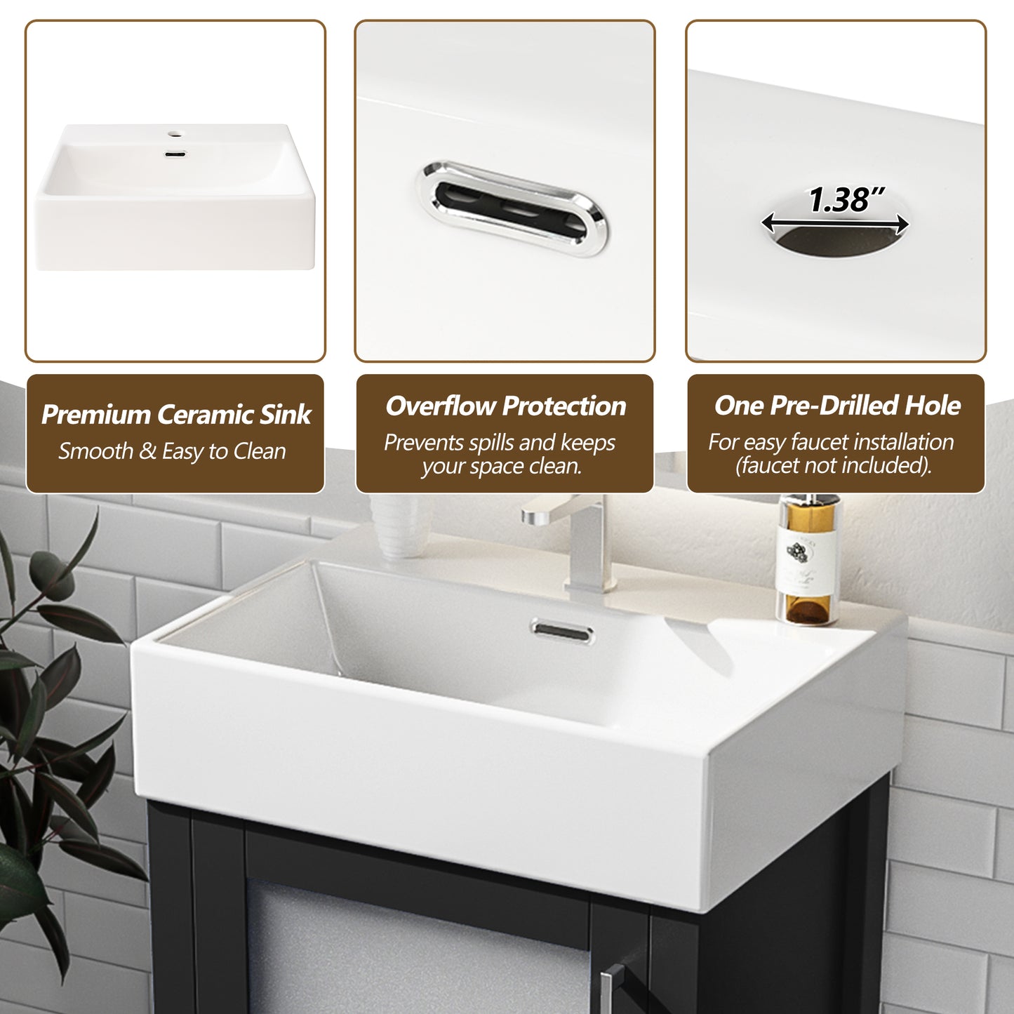 VanityFus 20.28-in Single Sink Combo Bathroom Vanity Black With White Ceramic Top 1 Soft-Close Doors 1 drawer