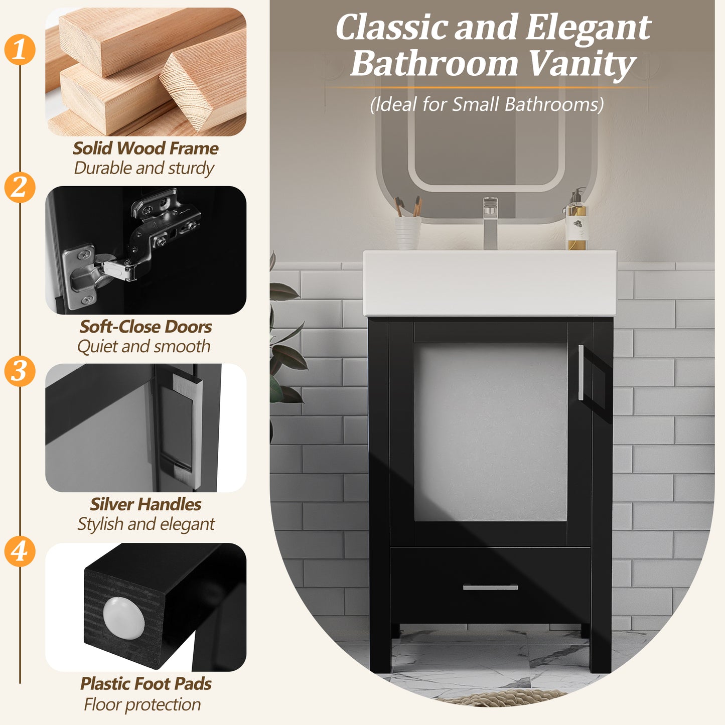 VanityFus 20.28-in Single Sink Combo Bathroom Vanity Black With White Ceramic Top 1 Soft-Close Doors 1 drawer