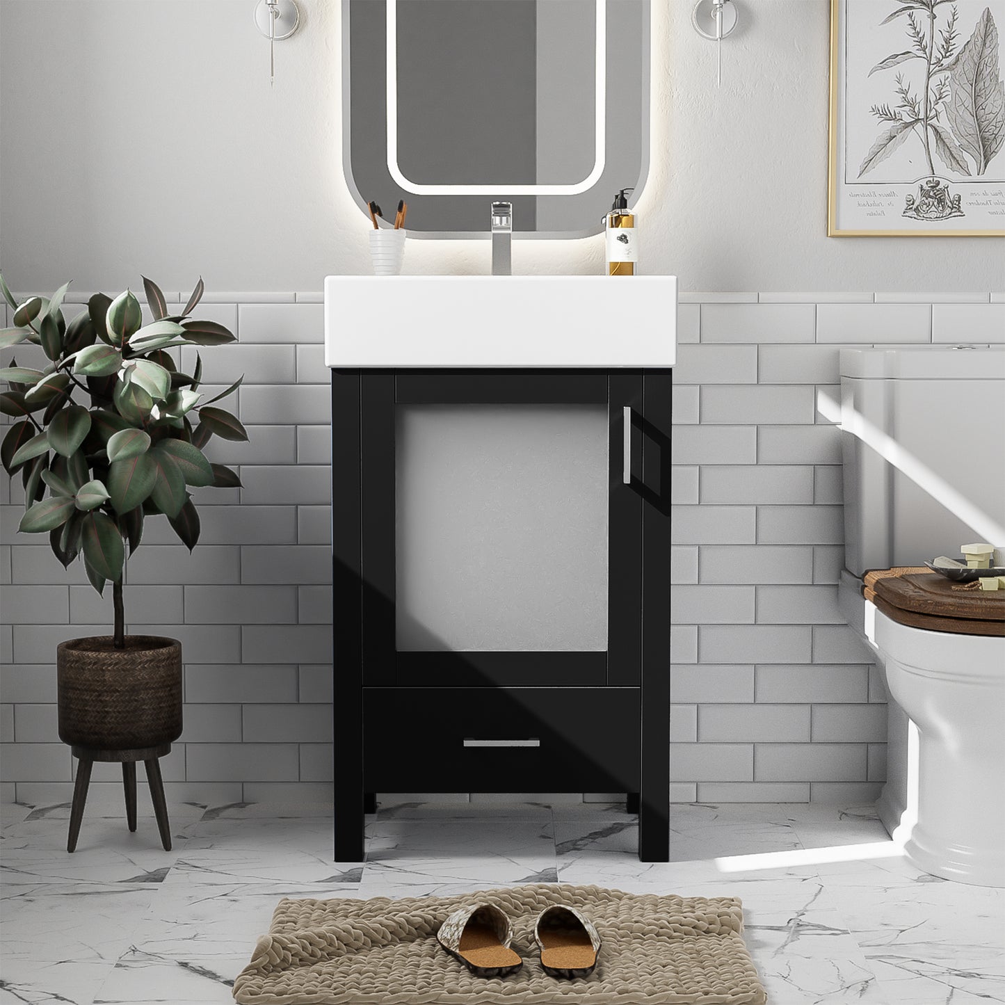 VanityFus 20.28-in Single Sink Combo Bathroom Vanity Black With White Ceramic Top 1 Soft-Close Doors 1 drawer