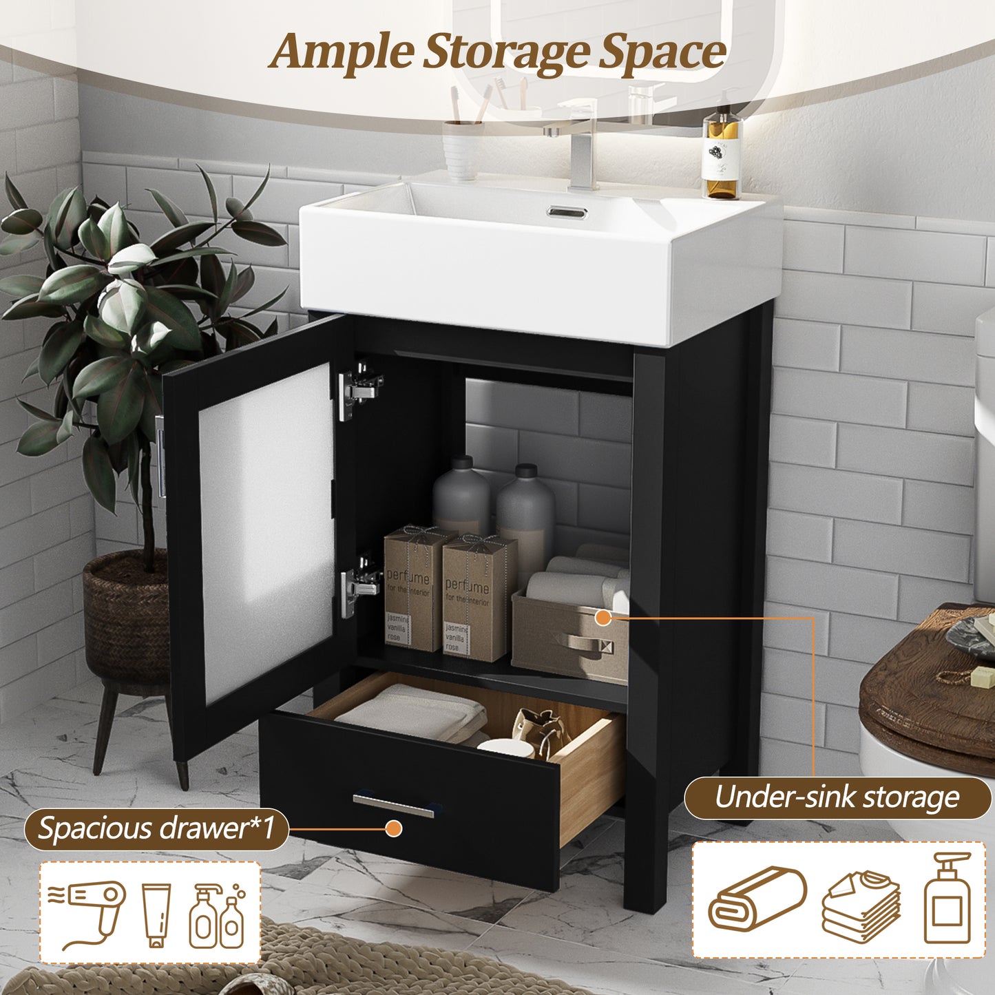 VanityFus 20.28-in Single Sink Combo Bathroom Vanity Black With White Ceramic Top 1 Soft-Close Doors 1 drawer