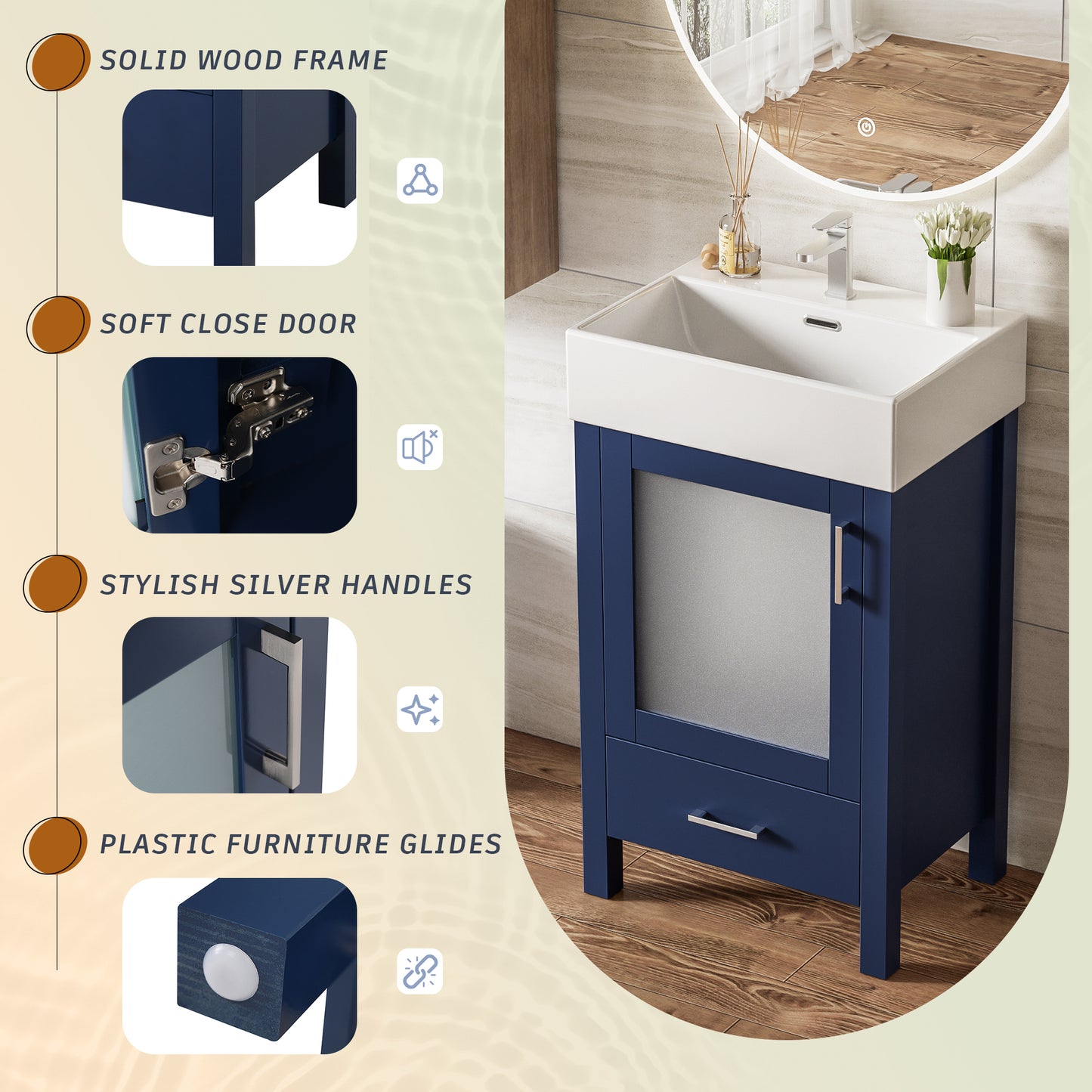 VanityFus 20.28-in Single Sink Combo Bathroom Vanity Blue With White Ceramic Top 1 Soft-Close Doors 1 drawer